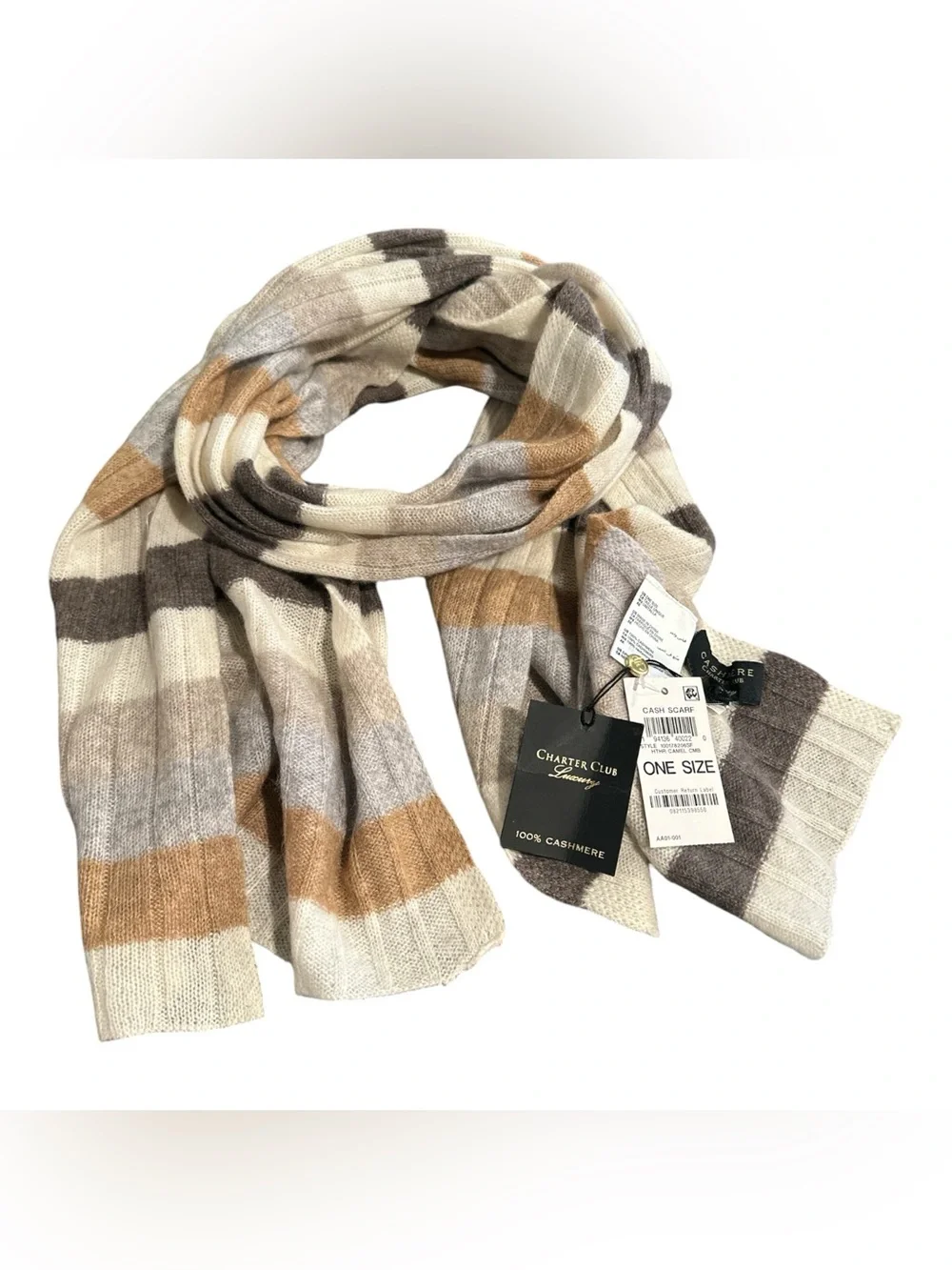 NWT 100% Cashmere Scarf Charter Club Luxury Striped Minimalist Quiet Luxury New
